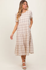 Ivory Plaid Tiered Short Sleeve Dress