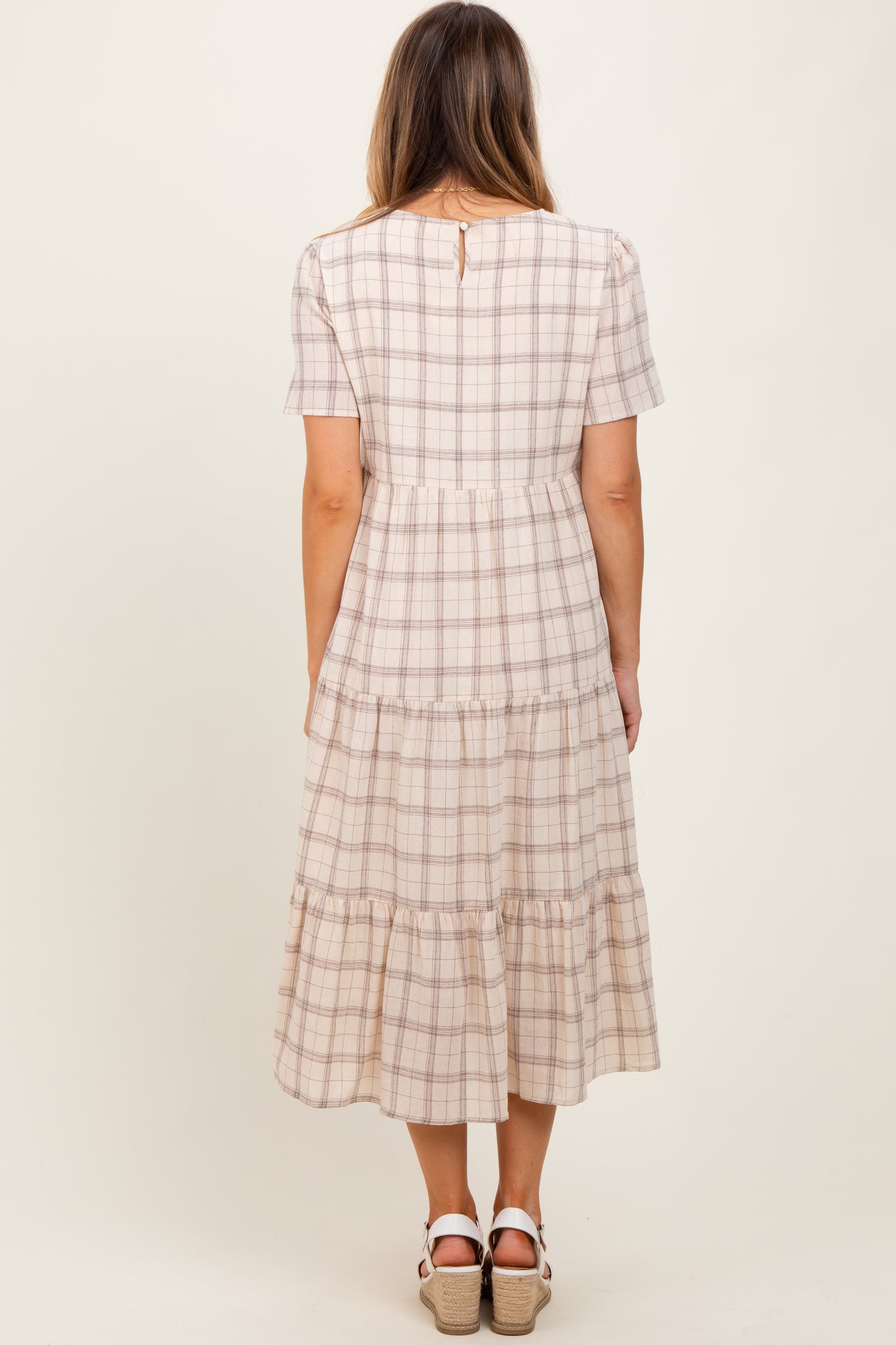 Ivory Plaid Tiered Short Sleeve Dress