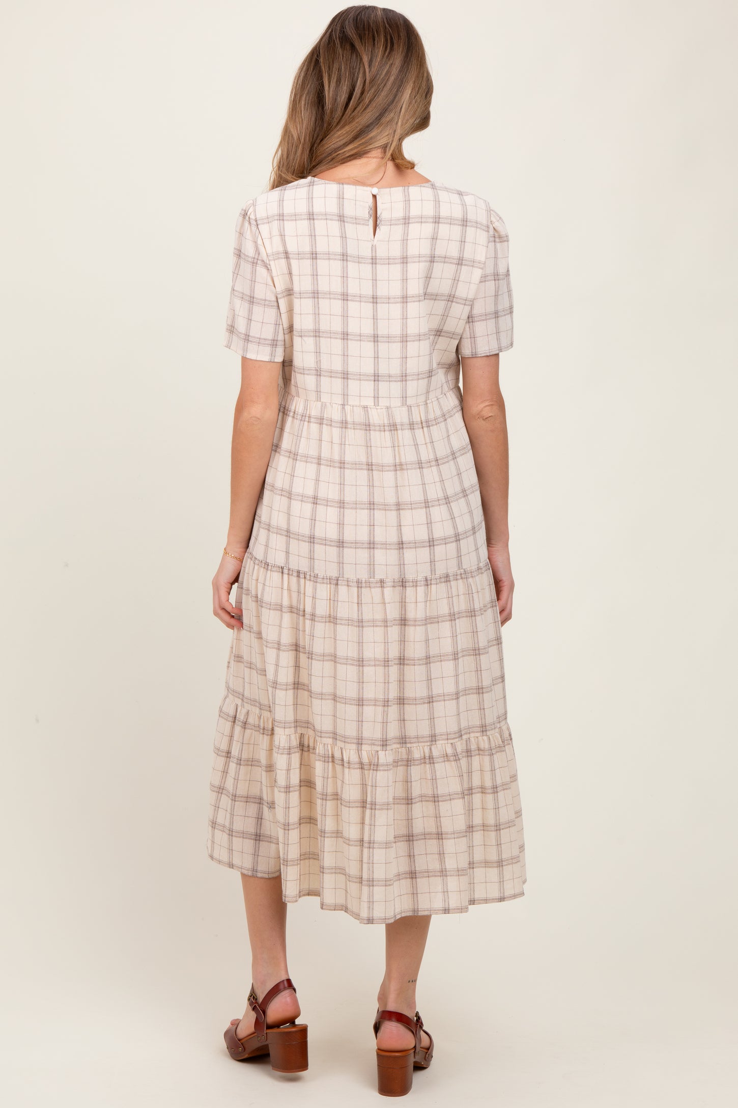 Ivory Plaid Tiered Short Sleeve Maternity Dress
