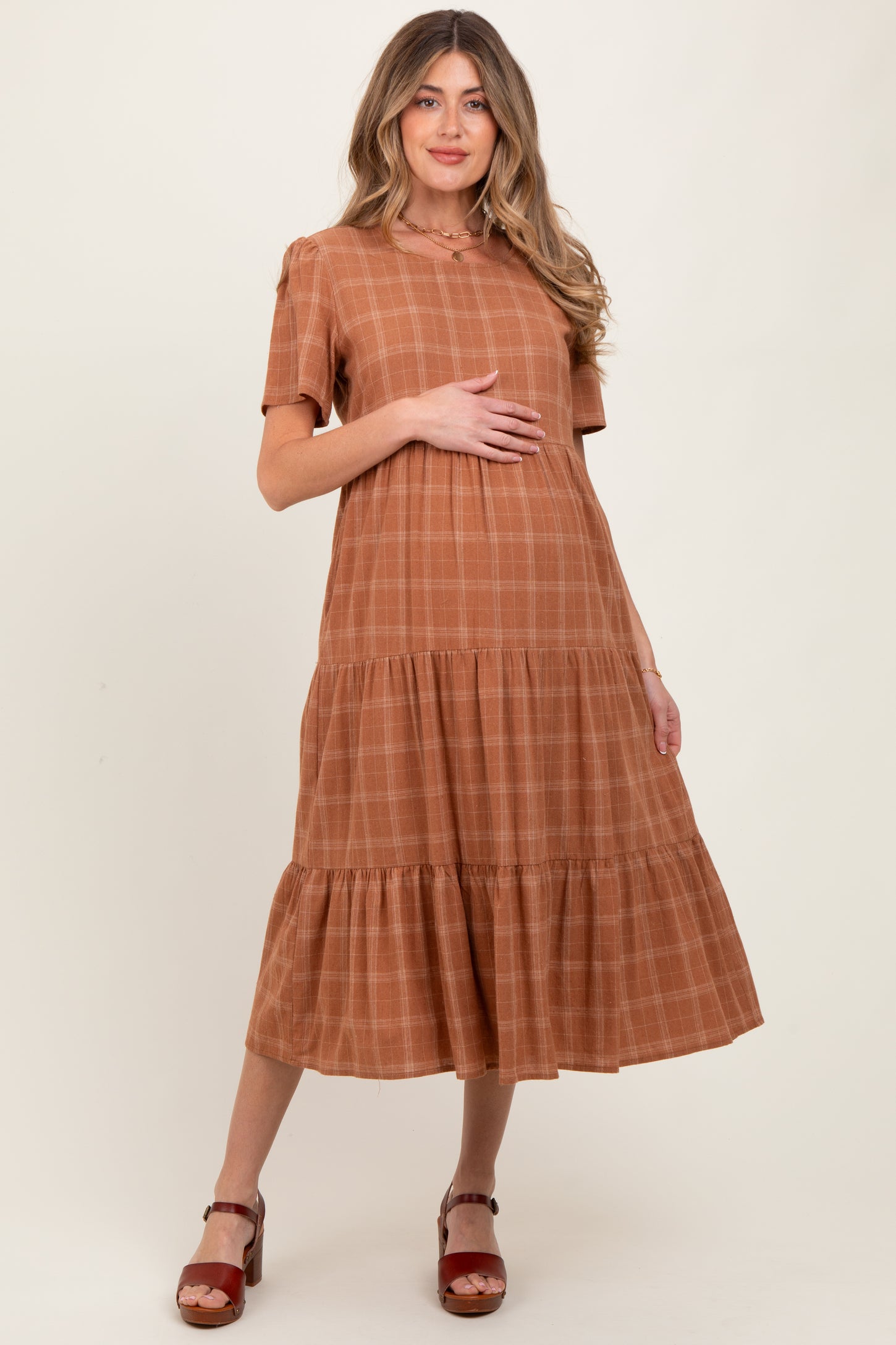 Rust Plaid Tiered Short Sleeve Maternity Dress