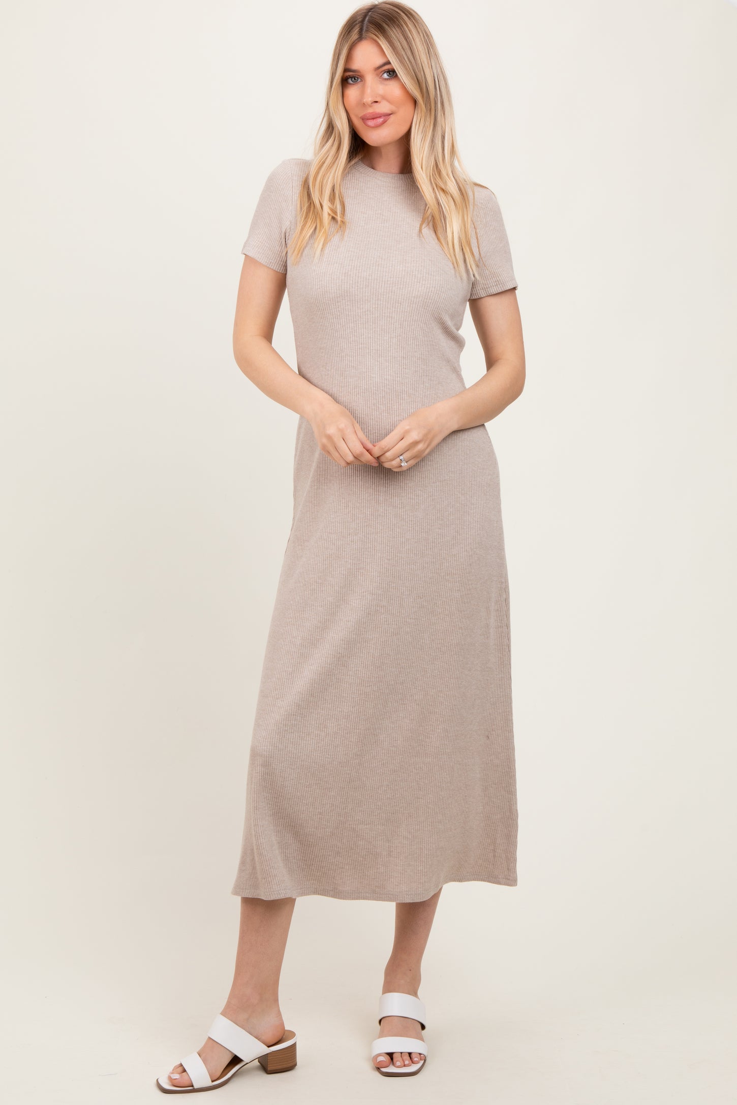 Beige Ribbed Short Sleeve Maternity Midi Dress