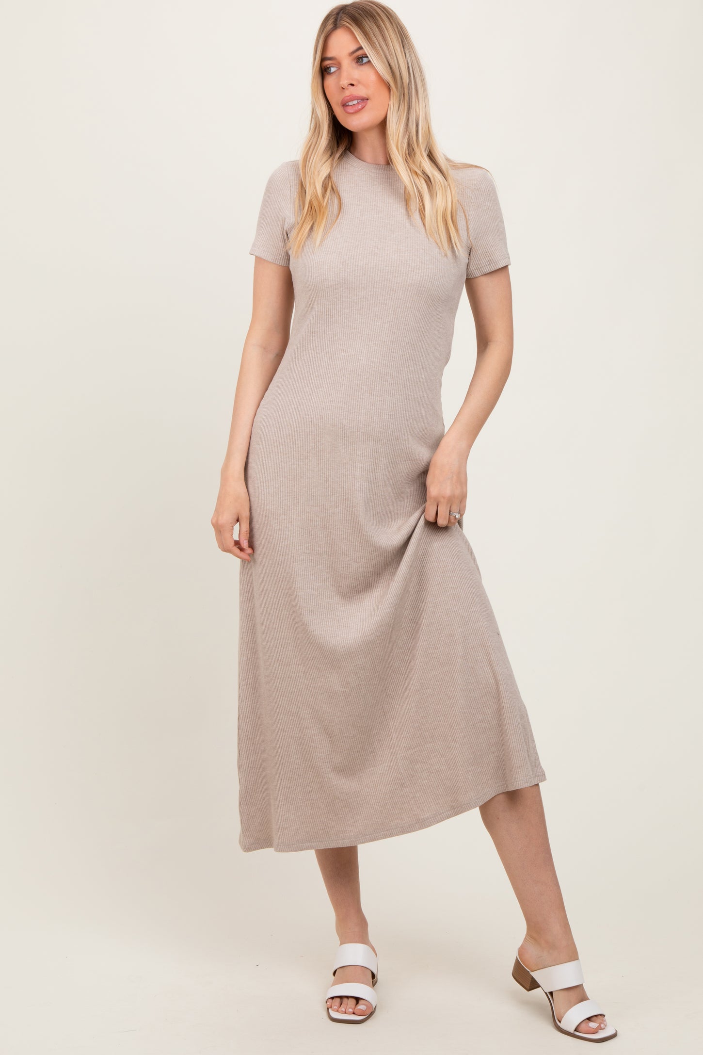 Beige Ribbed Short Sleeve Midi Dress