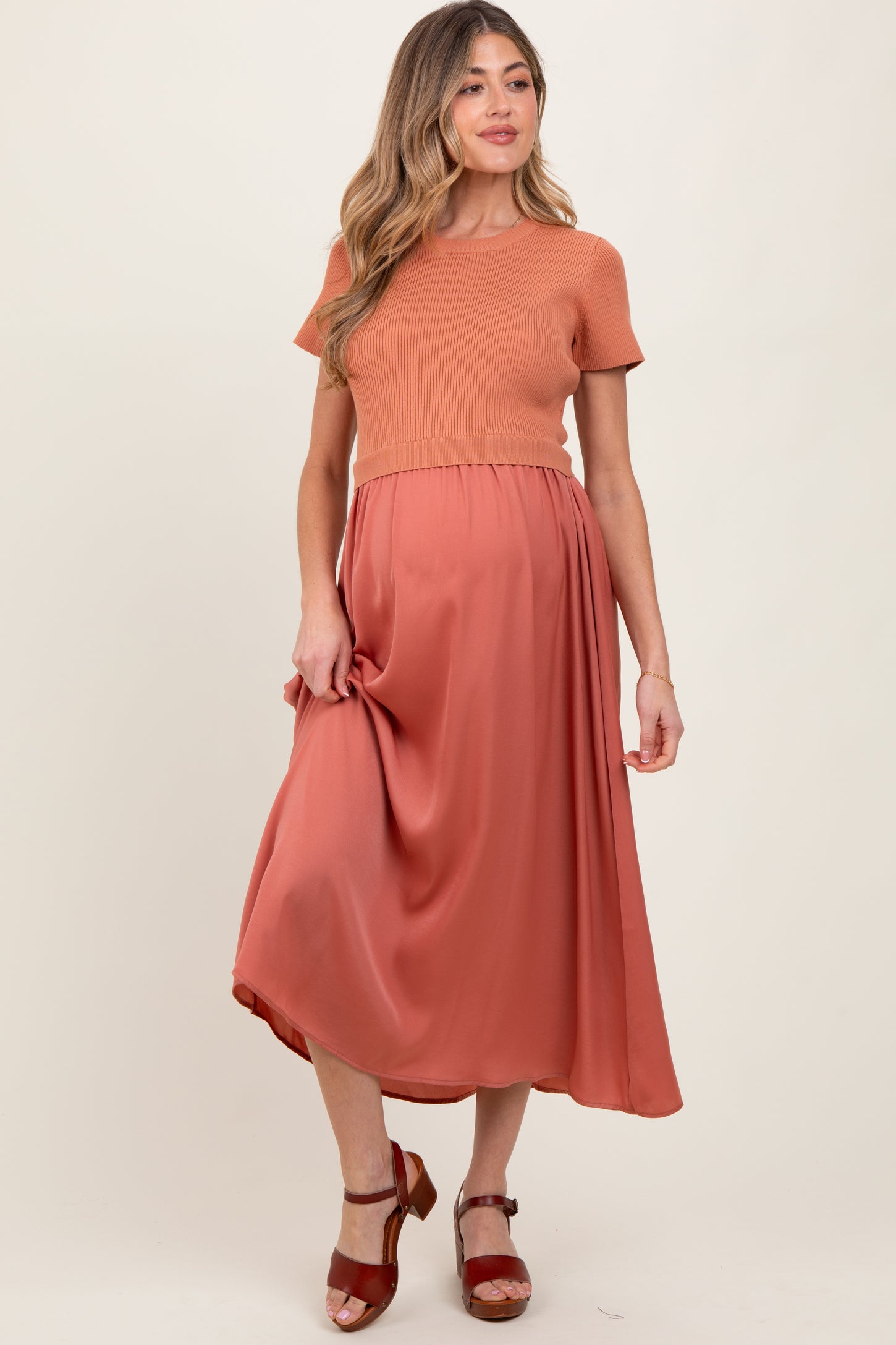 Rust Knit Contrast Top Satin Short Sleeve Maternity Midi Dress