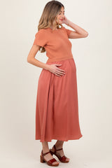 Rust Knit Contrast Top Satin Short Sleeve Maternity Midi Dress