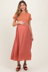 Rust Knit Contrast Top Satin Short Sleeve Maternity Midi Dress