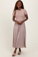 Taupe Knit Contrast Top Satin Short Sleeve Maternity Midi Dress