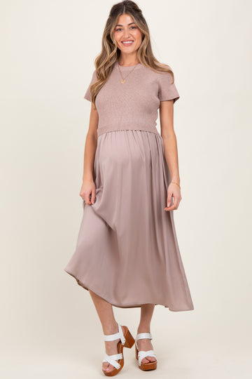 Taupe Knit Contrast Top Satin Short Sleeve Maternity Midi Dress