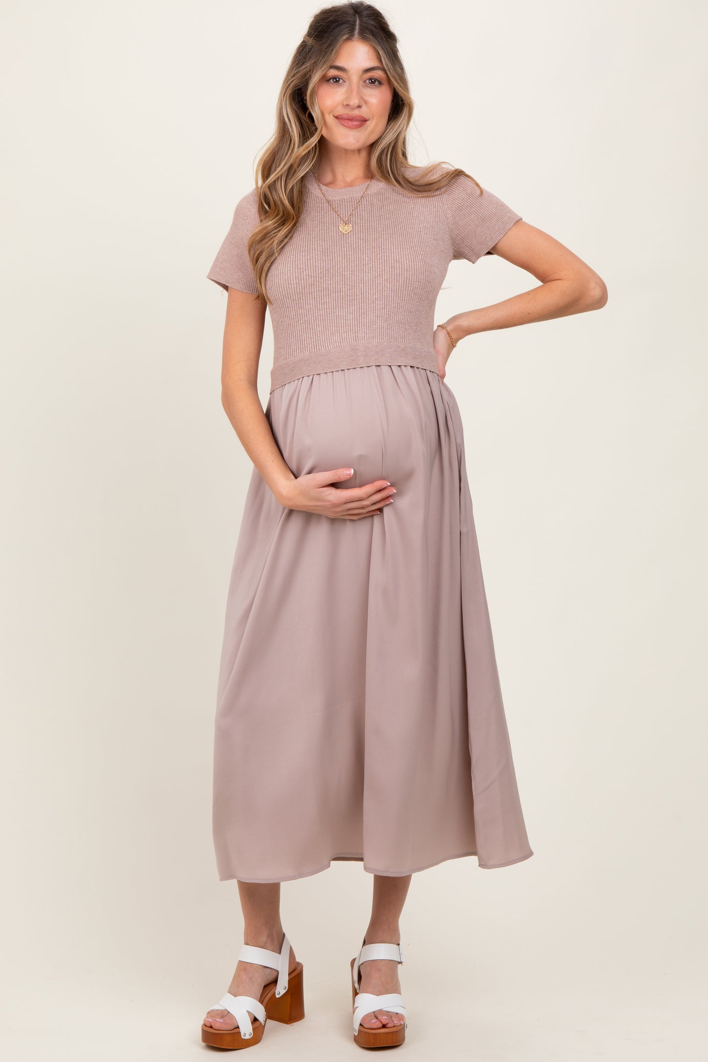 Taupe Knit Contrast Top Satin Short Sleeve Maternity Midi Dress