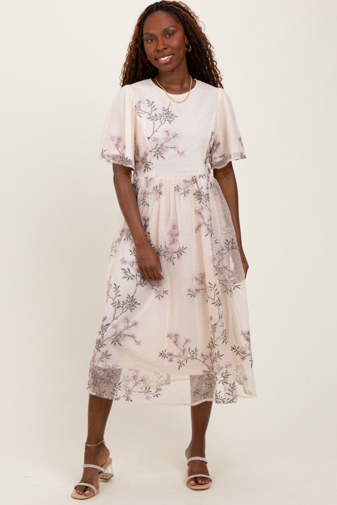 Ivory Floral Embroidered Mesh Midi Dress