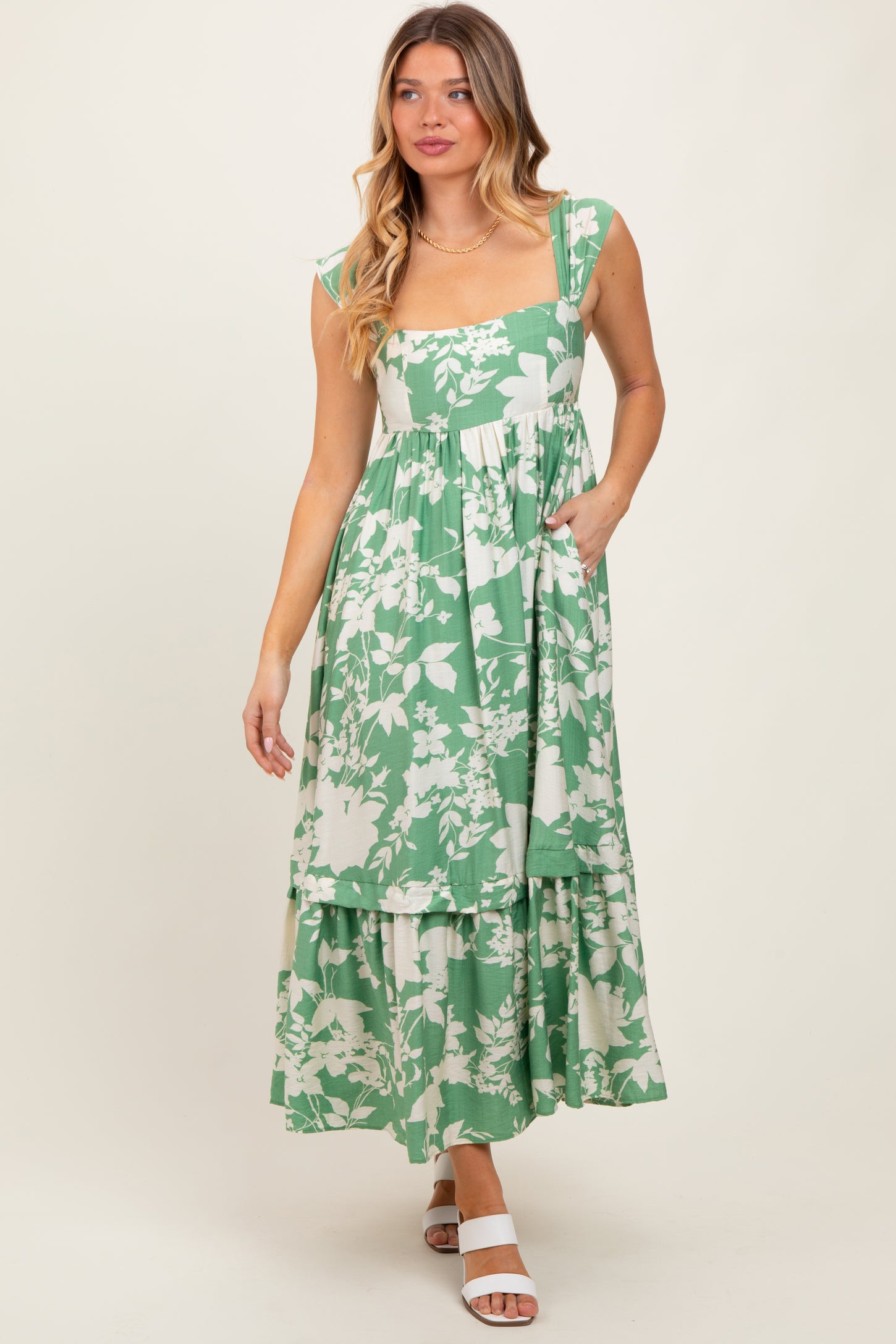 Mint Green Floral Square Neck Maternity Midi Dress