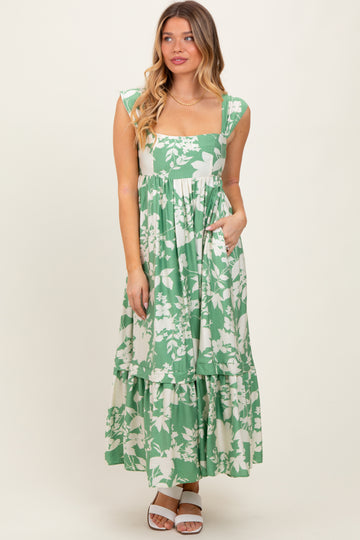 Mint Green Floral Square Neck Midi Dress