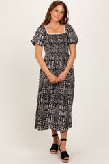 Black Patch Printed Smocked Maternity Midi Dress