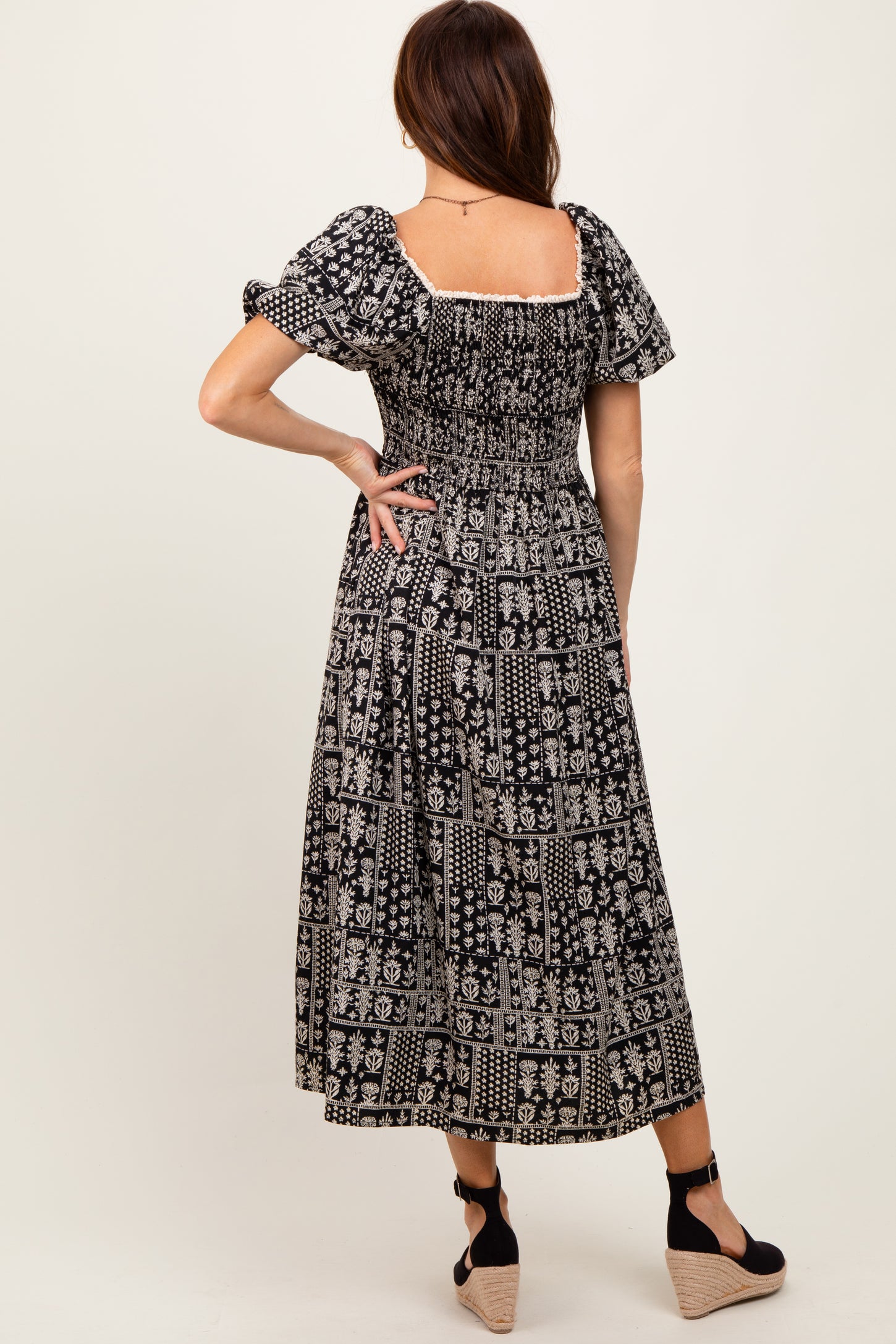 Black Patch Printed Smocked Midi Dress