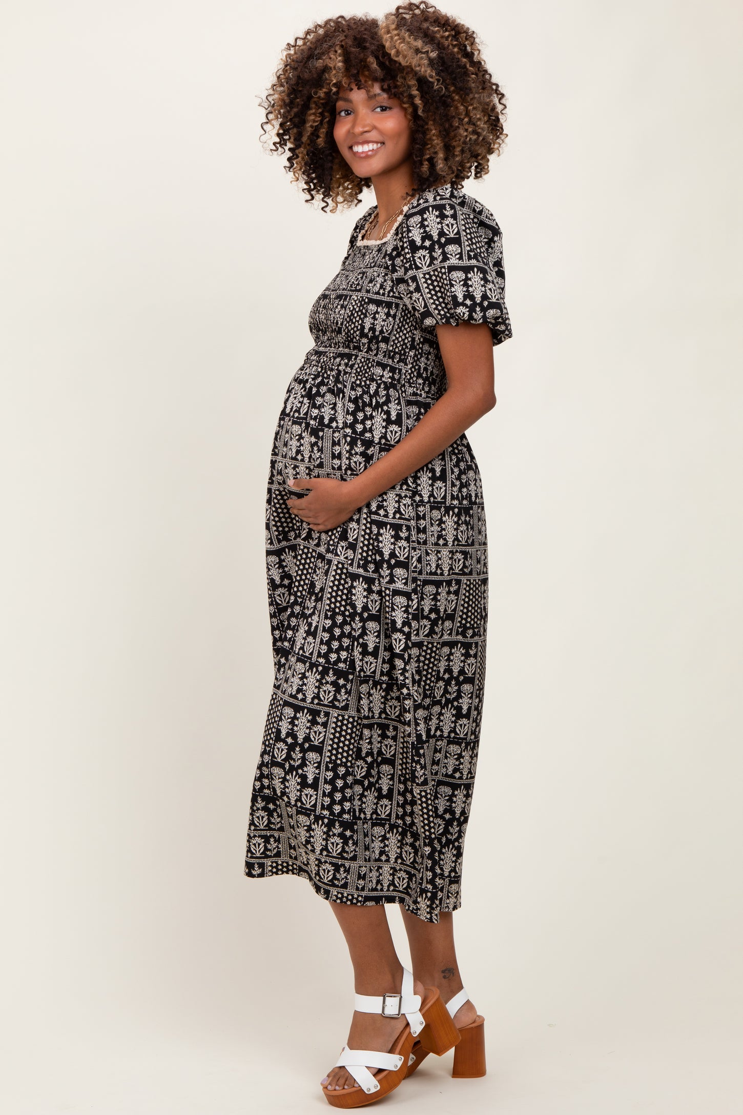 Black Patch Printed Smocked Maternity Midi Dress