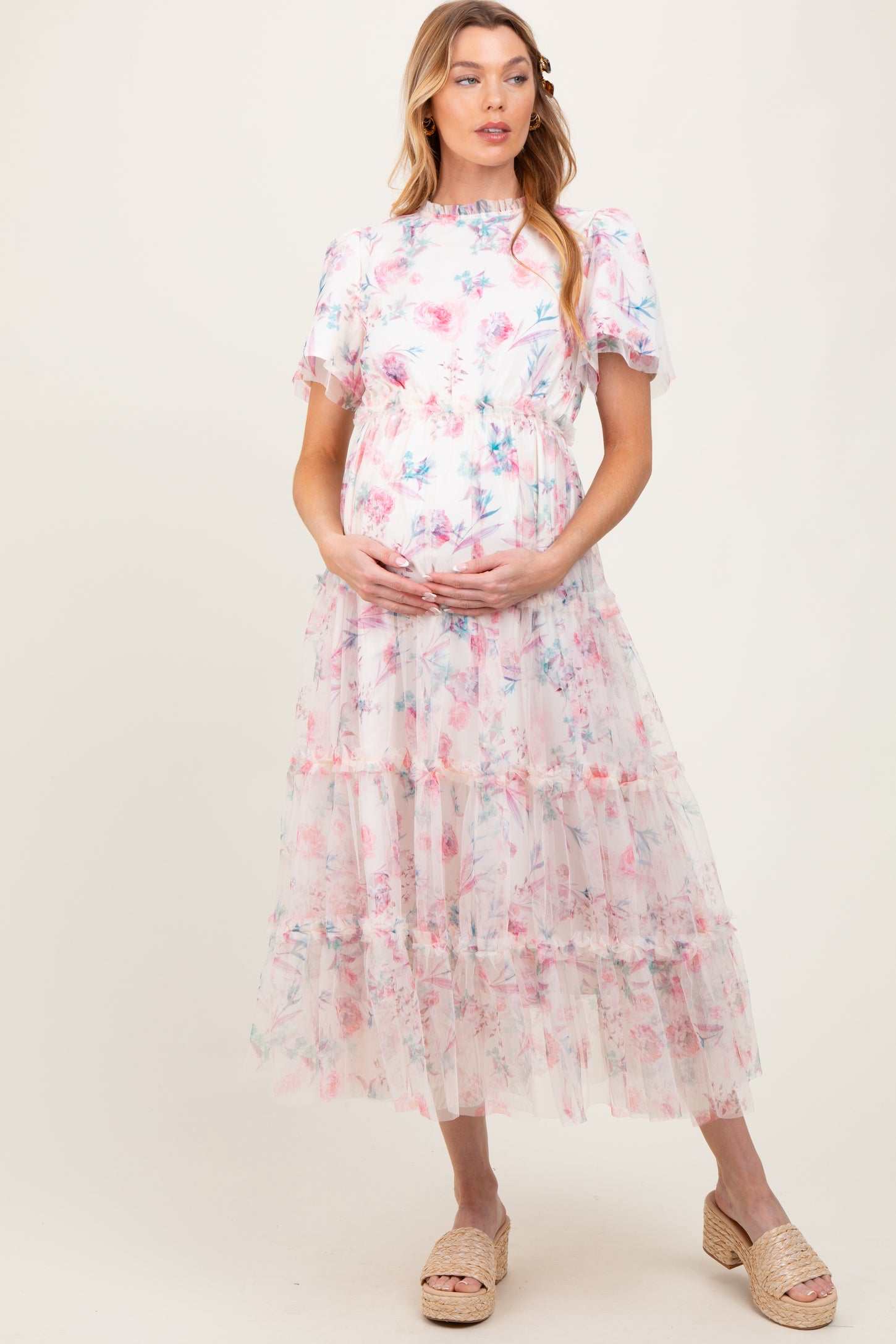 Ivory Floral Mesh Ruffle Tiered Maternity Midi Dress
