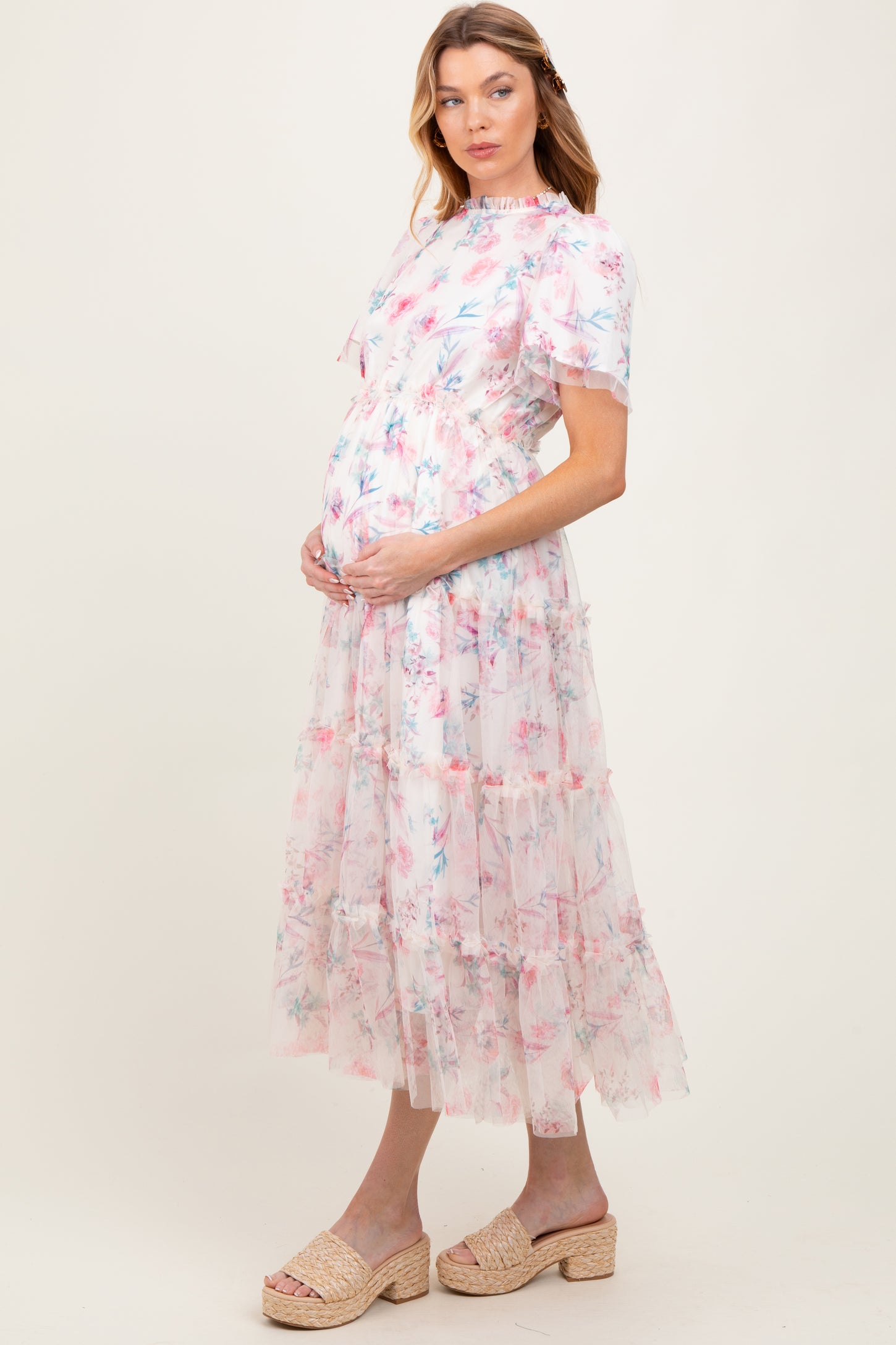 Ivory Floral Mesh Ruffle Tiered Maternity Midi Dress