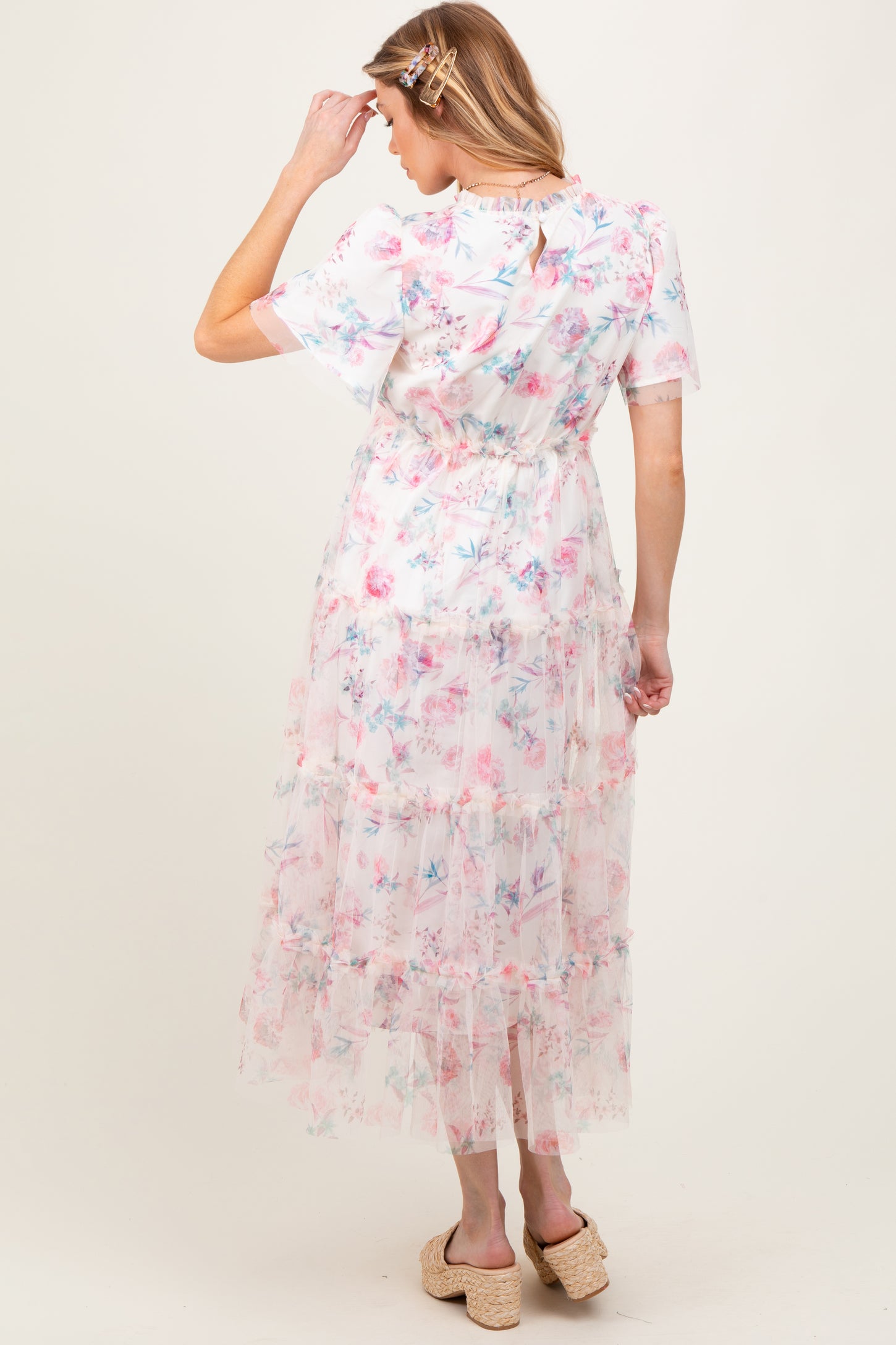 Ivory Floral Mesh Ruffle Tiered Maternity Midi Dress
