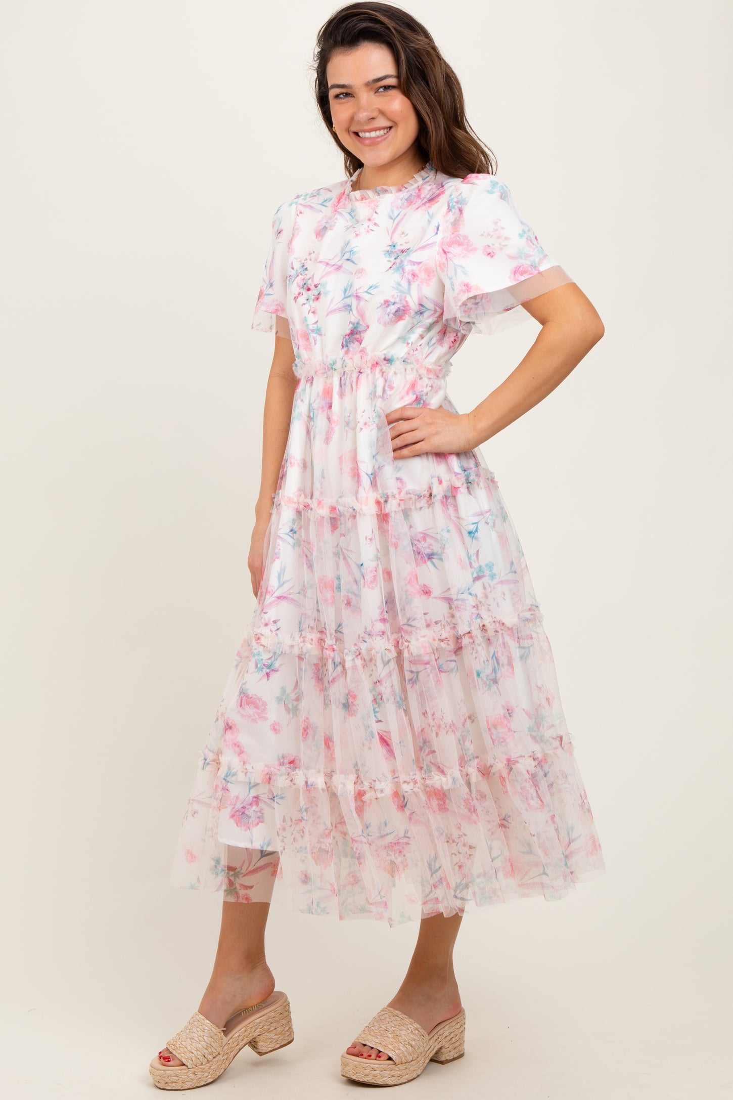 Ivory Floral Mesh Ruffle Tiered Midi Dress