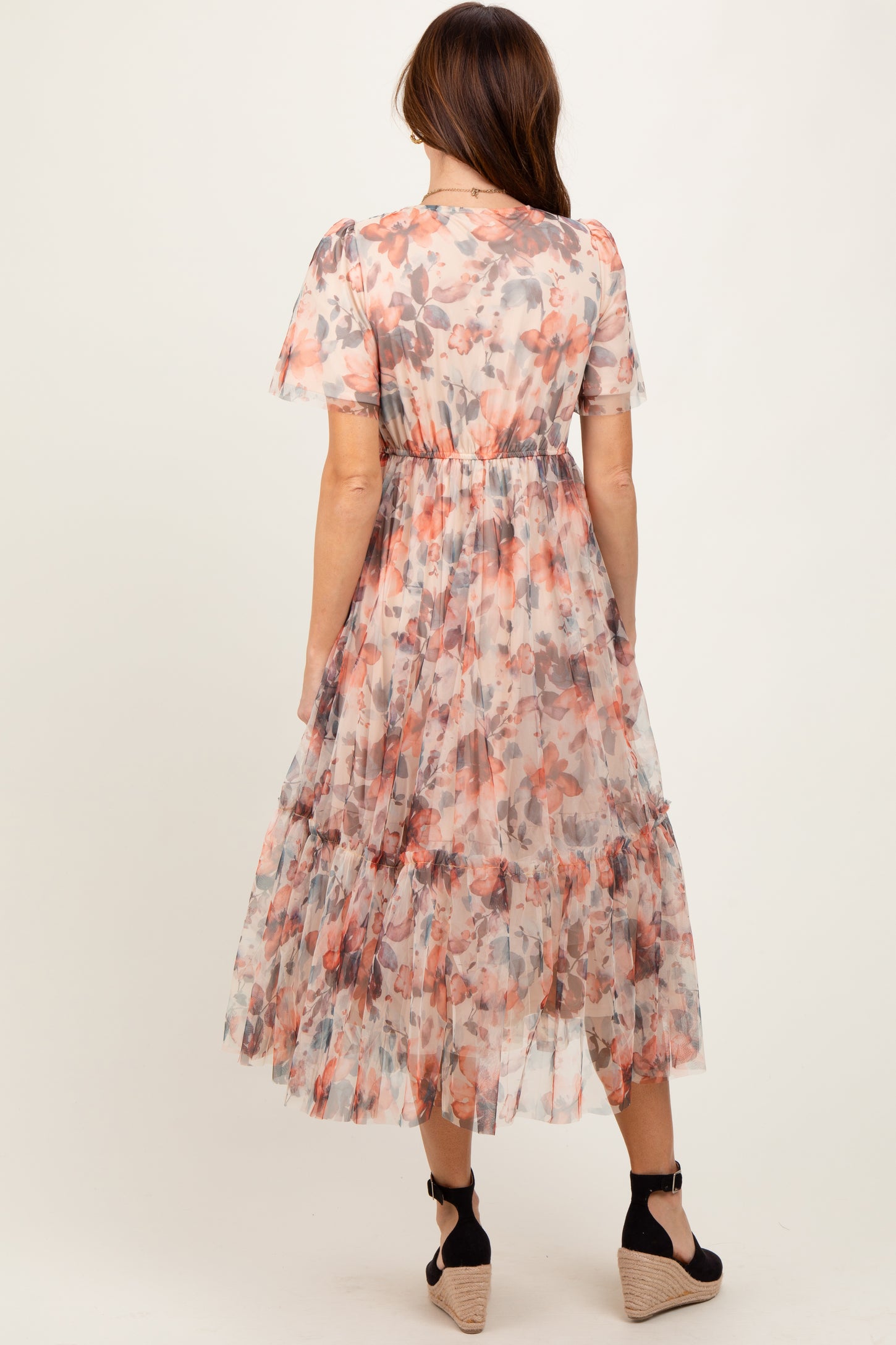 Peach Floral Mesh Sweetheart Neck Midi Dress