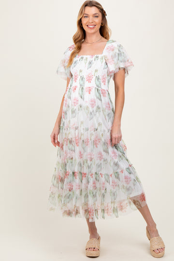 Ivory Floral Mesh Smocked Maternity Midi Dress