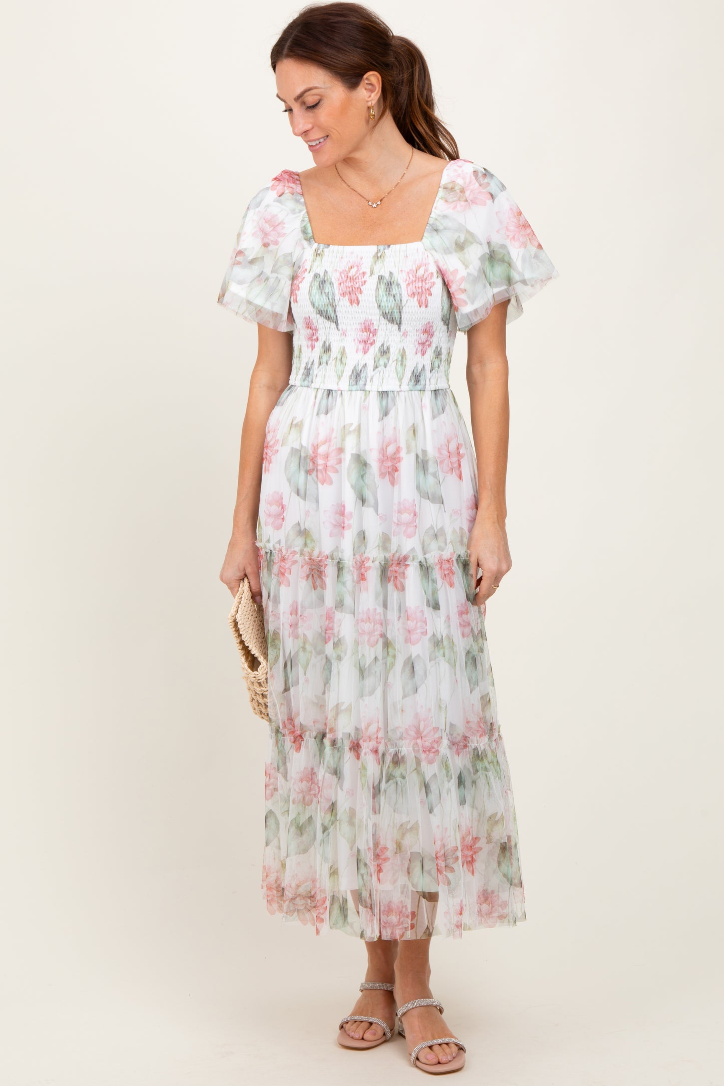 Ivory Floral Mesh Smocked Midi Dress