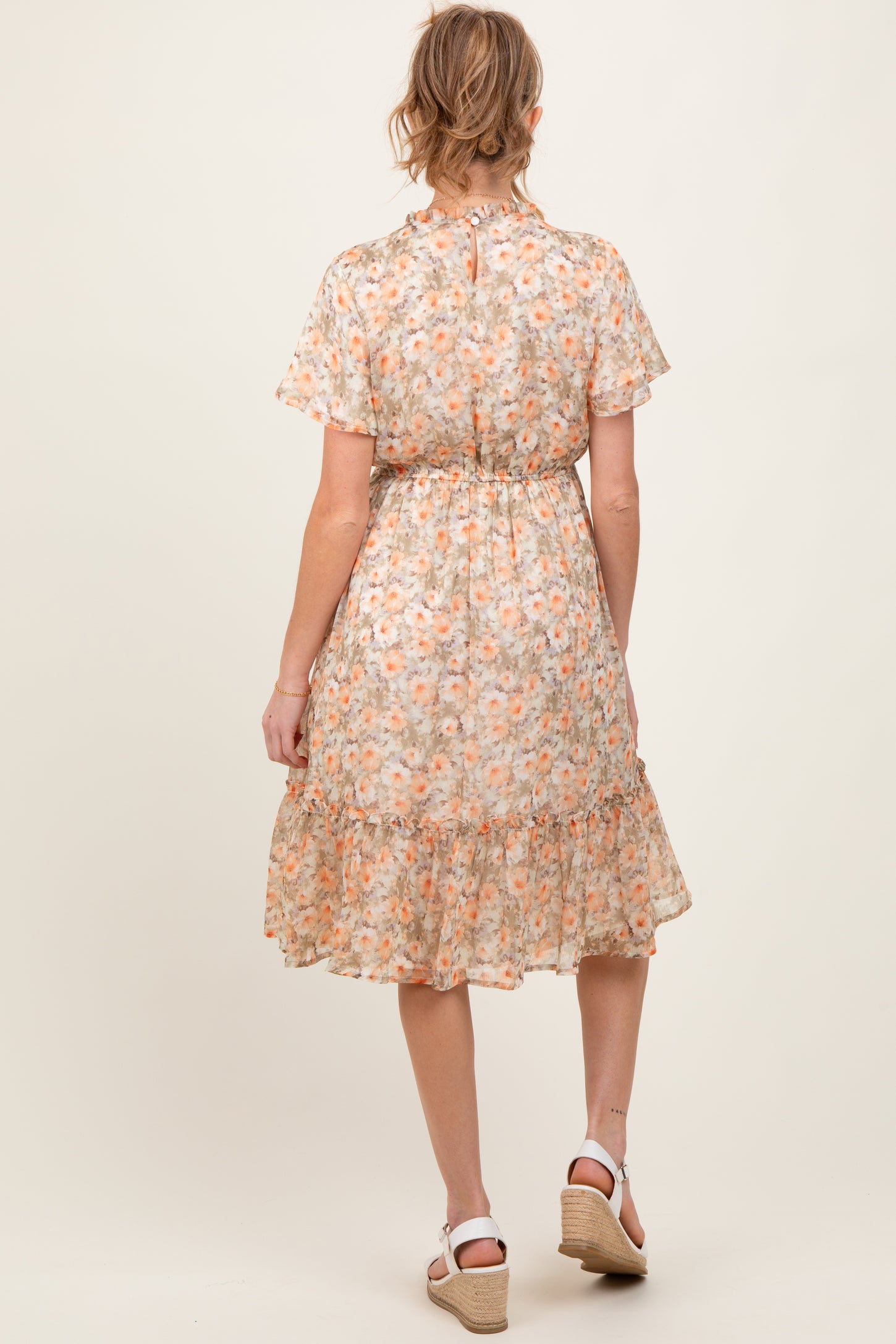 Light Olive Floral Ruffle Mock Neck Maternity Midi Dress