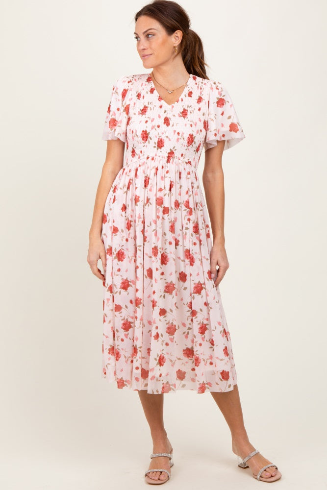 Light Pink Floral Smocked V-Neck Maternity Midi Dress