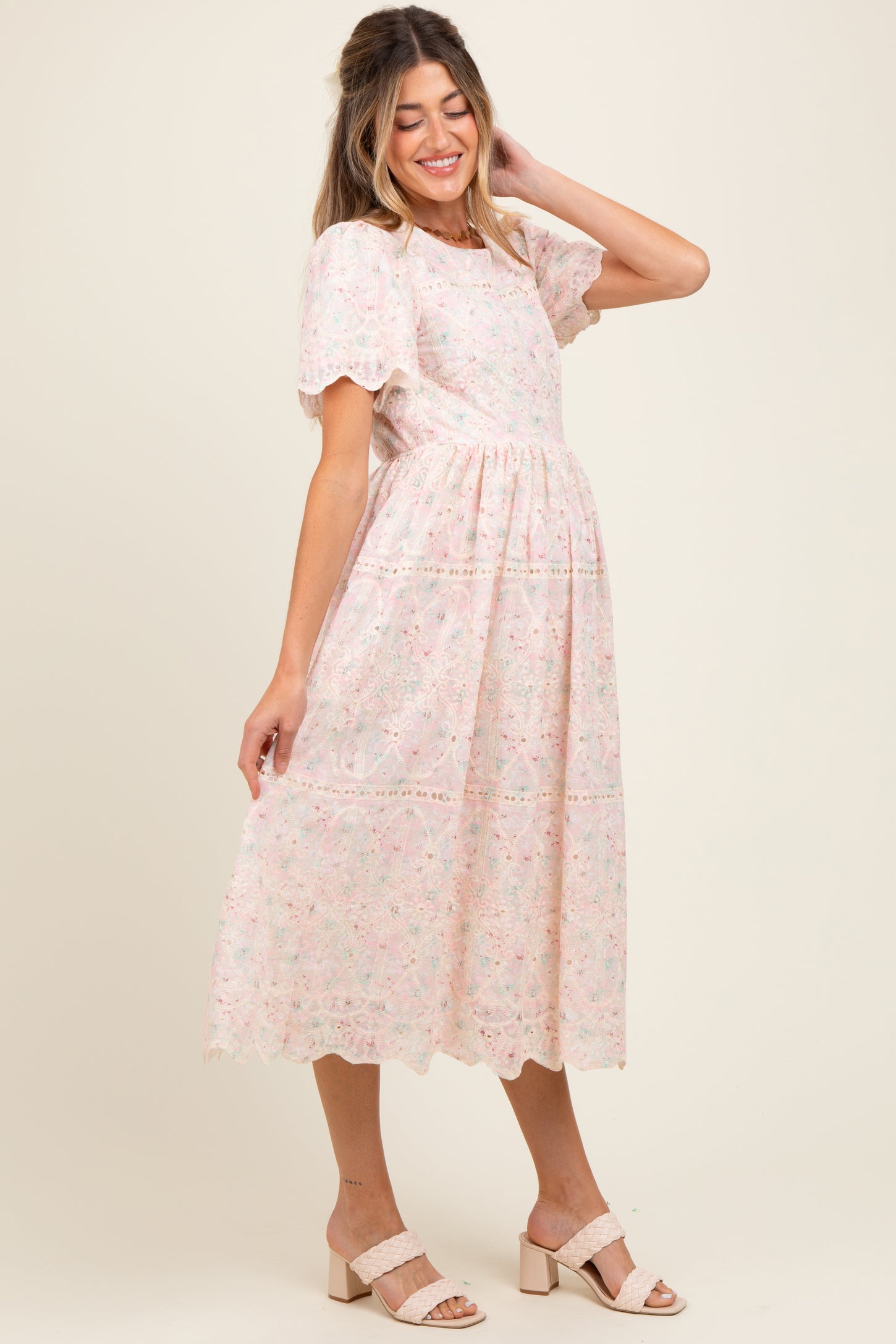 Light Pink Embroidered Chiffon Maternity Midi Dress