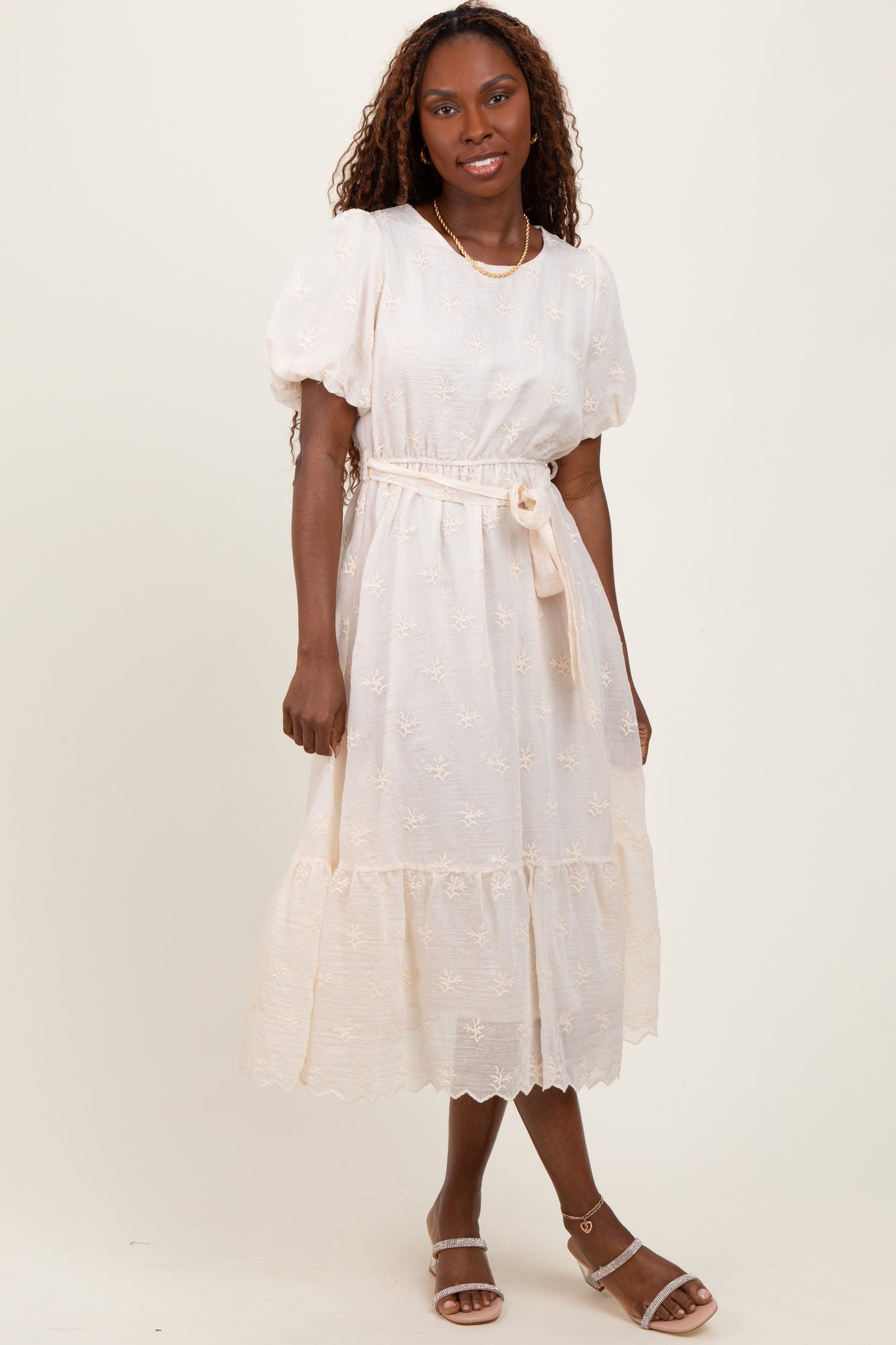 Ivory Embroidered Tied Waist Short Sleeve Midi Dress