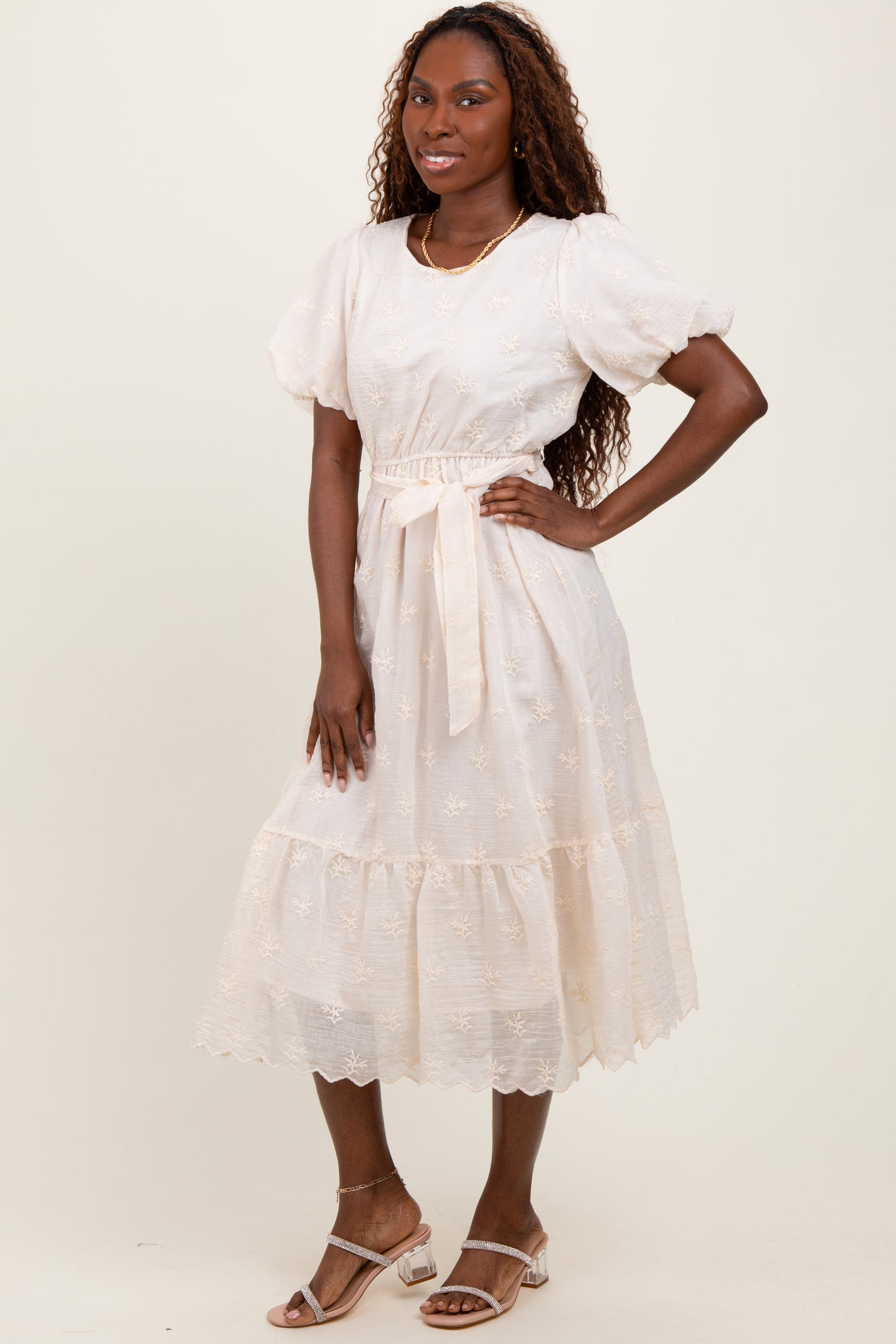 Ivory Embroidered Tied Waist Short Sleeve Midi Dress