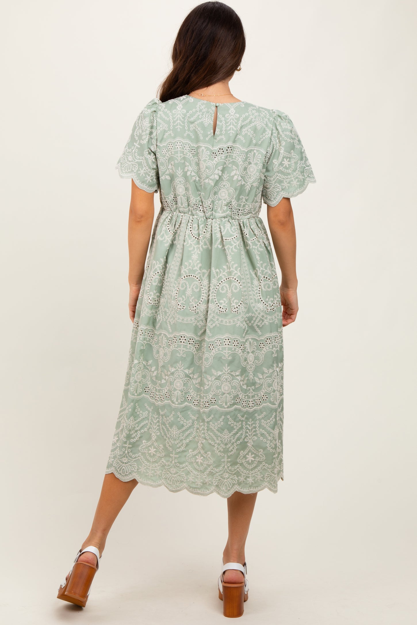 Light Olive Floral Embroidered Tied Waist Midi Dress