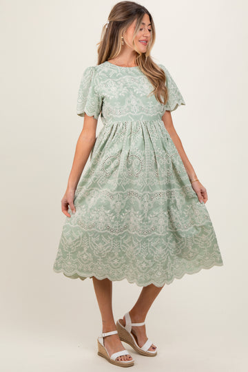 Light Olive Floral Embroidered Tied Waist Maternity Midi Dress