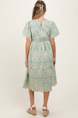 Light Olive Floral Embroidered Tied Waist Maternity Midi Dress