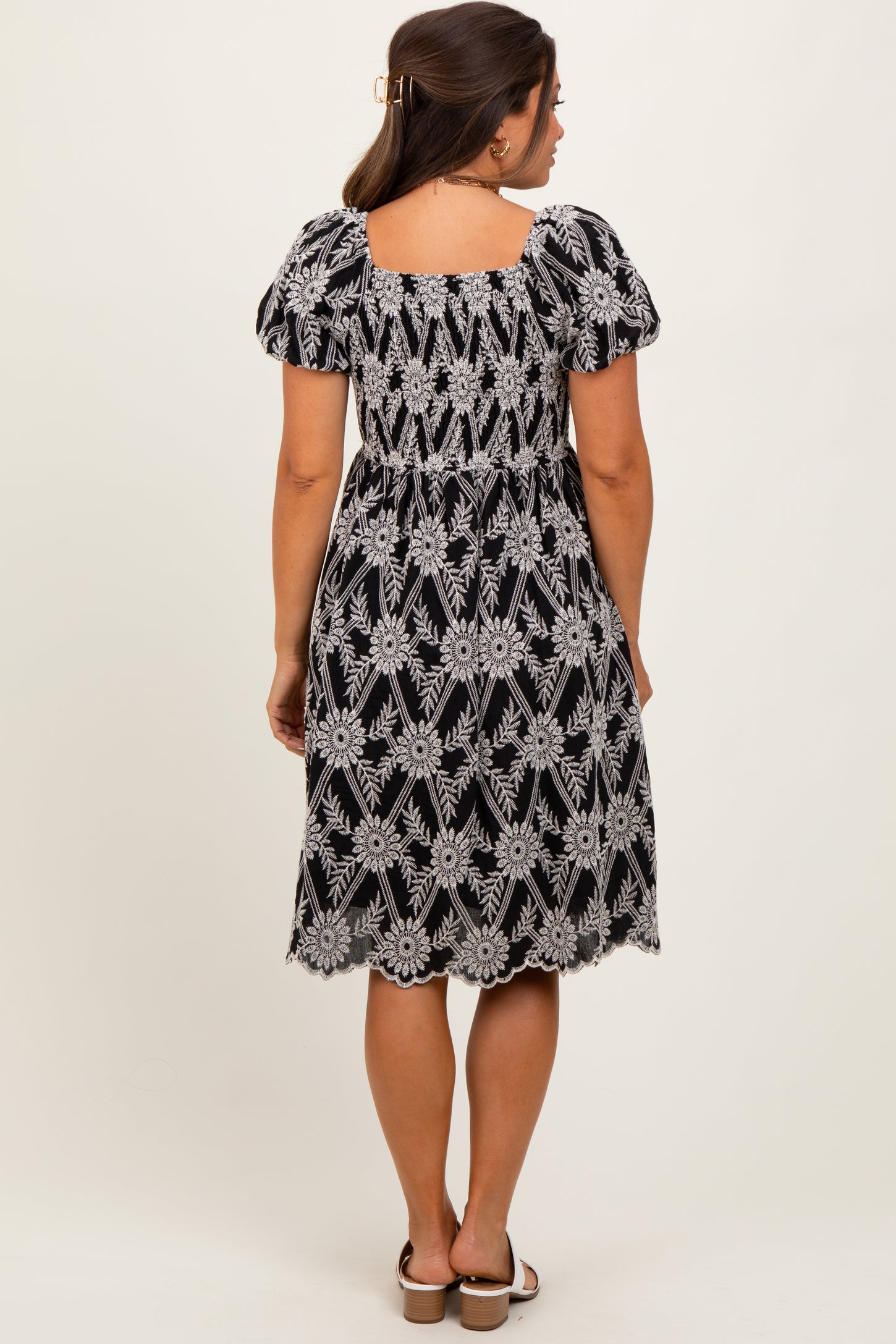 Black Floral Embroidered Square Neck Maternity Dress