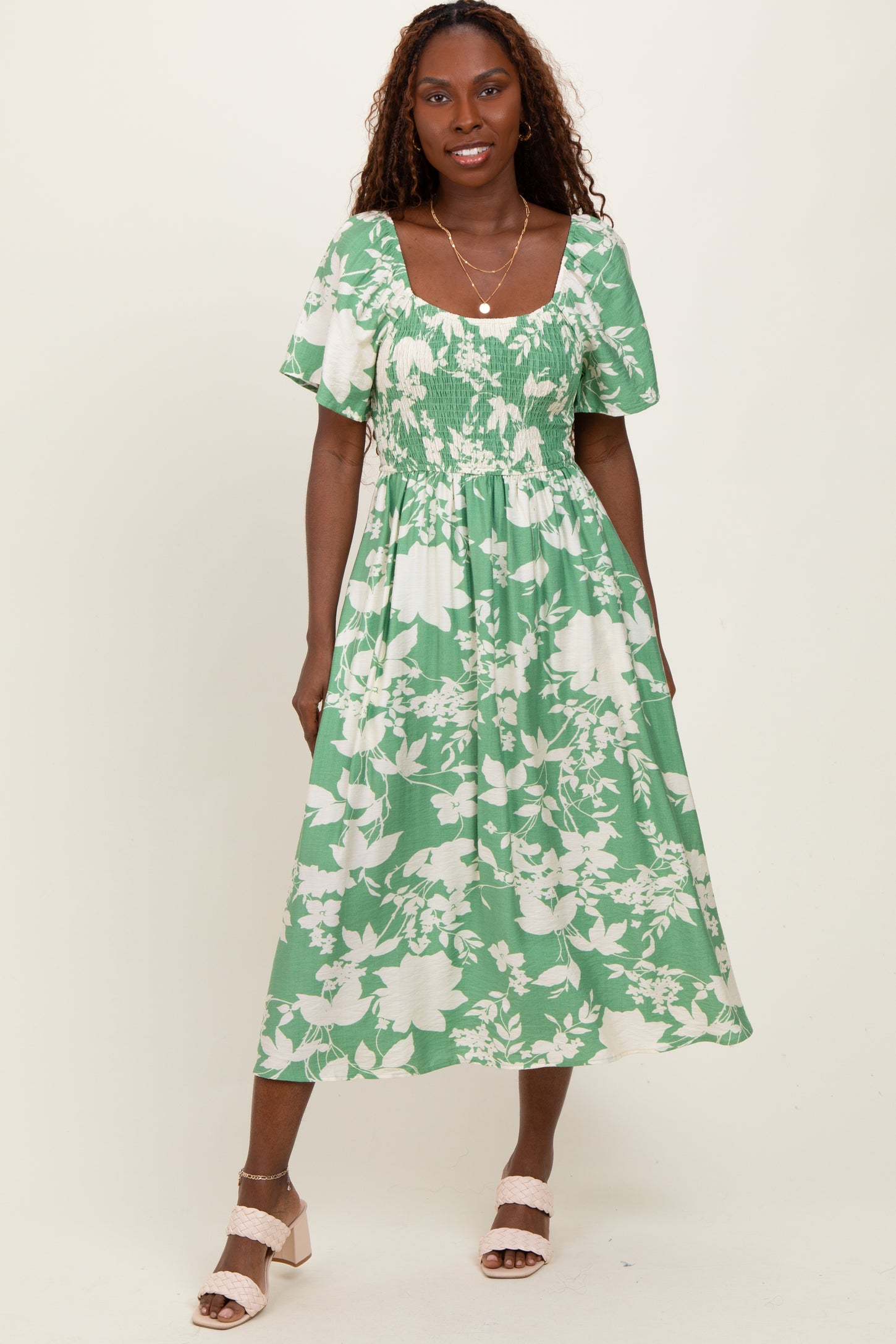 Green Floral Smocked Short Sleeve Maternity Midi Dress