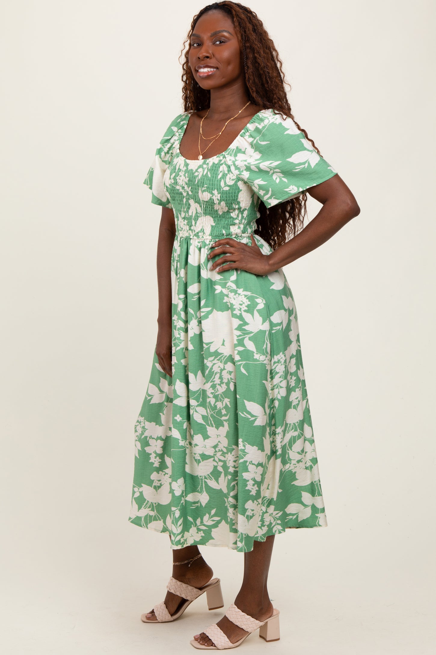 Green Floral Smocked Short Sleeve Midi Dress