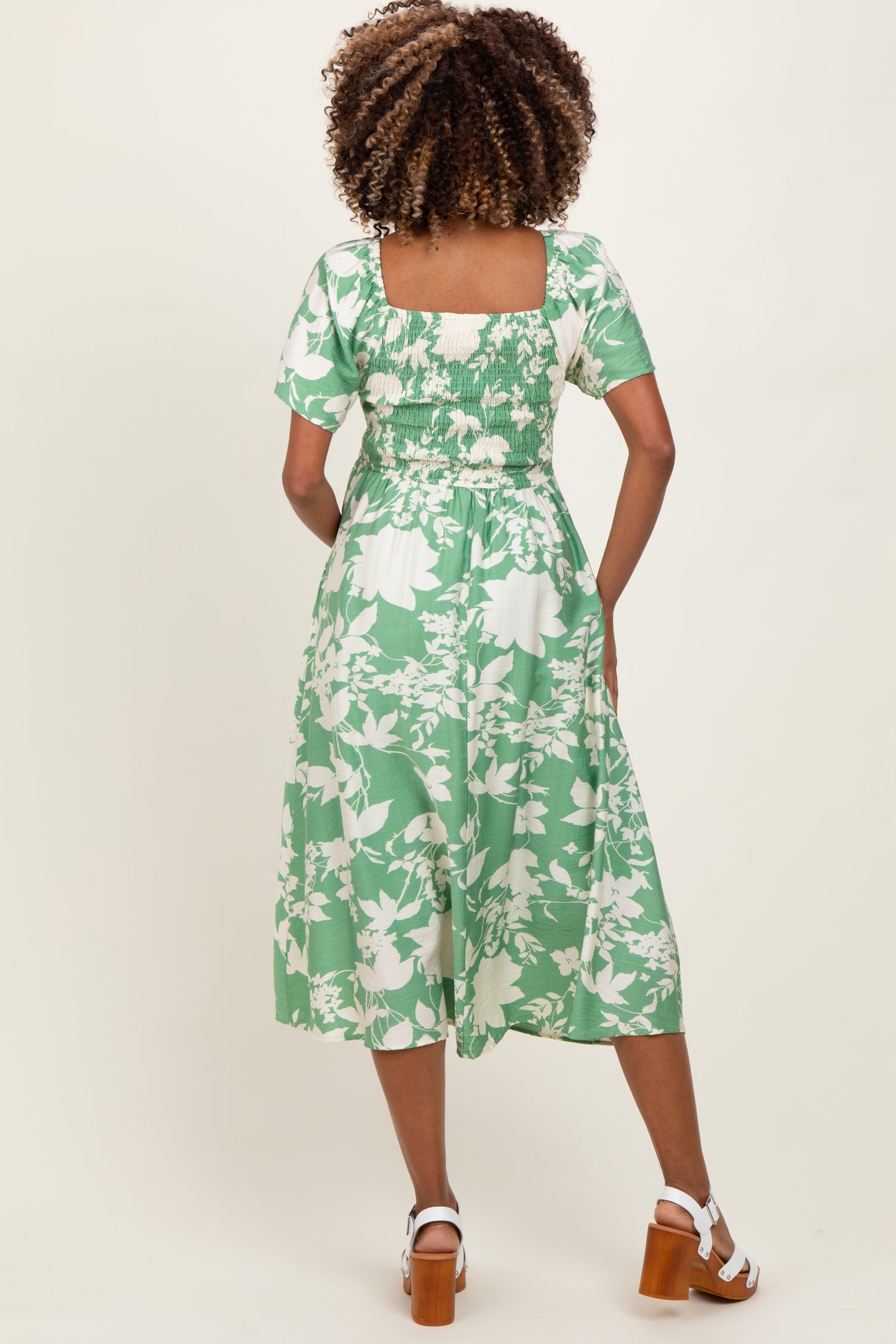 Green Floral Smocked Short Sleeve Maternity Midi Dress