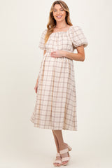 Ivory Plaid Square Neck Maternity Midi Dress