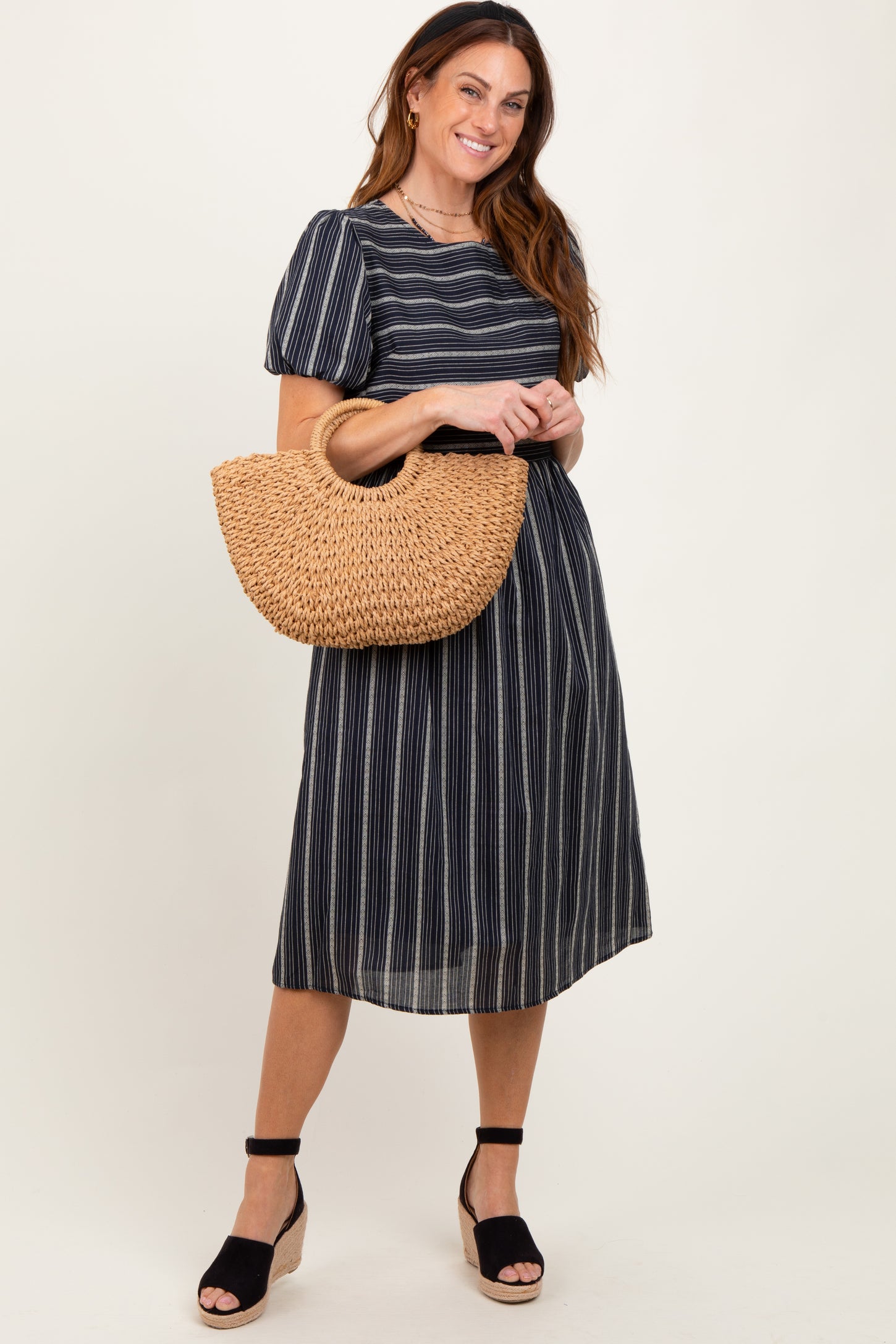Navy Blue Striped Short Sleeve Maternity Midi Dress