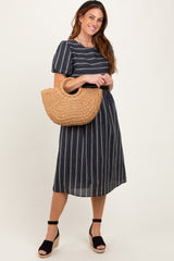 Navy Blue Striped Short Sleeve Maternity Midi Dress