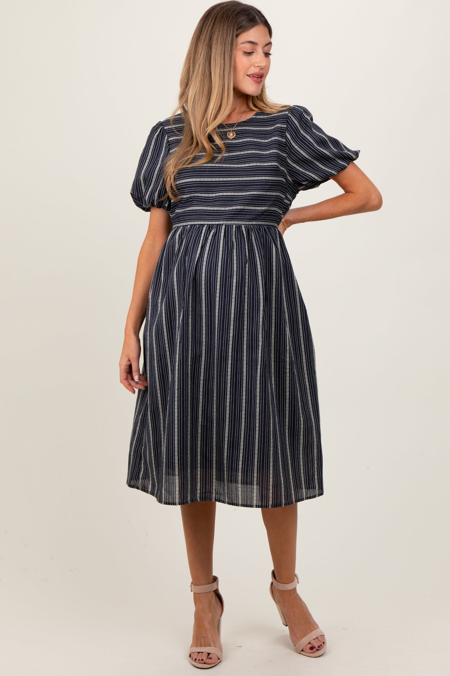 Navy Blue Striped Short Sleeve Maternity Midi Dress