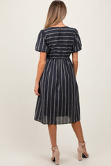 Navy Blue Striped Short Sleeve Maternity Midi Dress