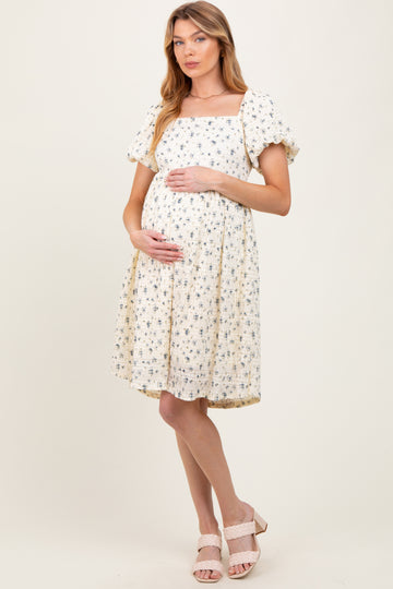 Cream Textured Knit Square Neck Maternity Midi Dress