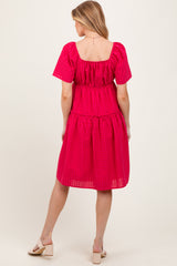 Fuchsia Gingham Short Sleeve Tiered Maternity Dress