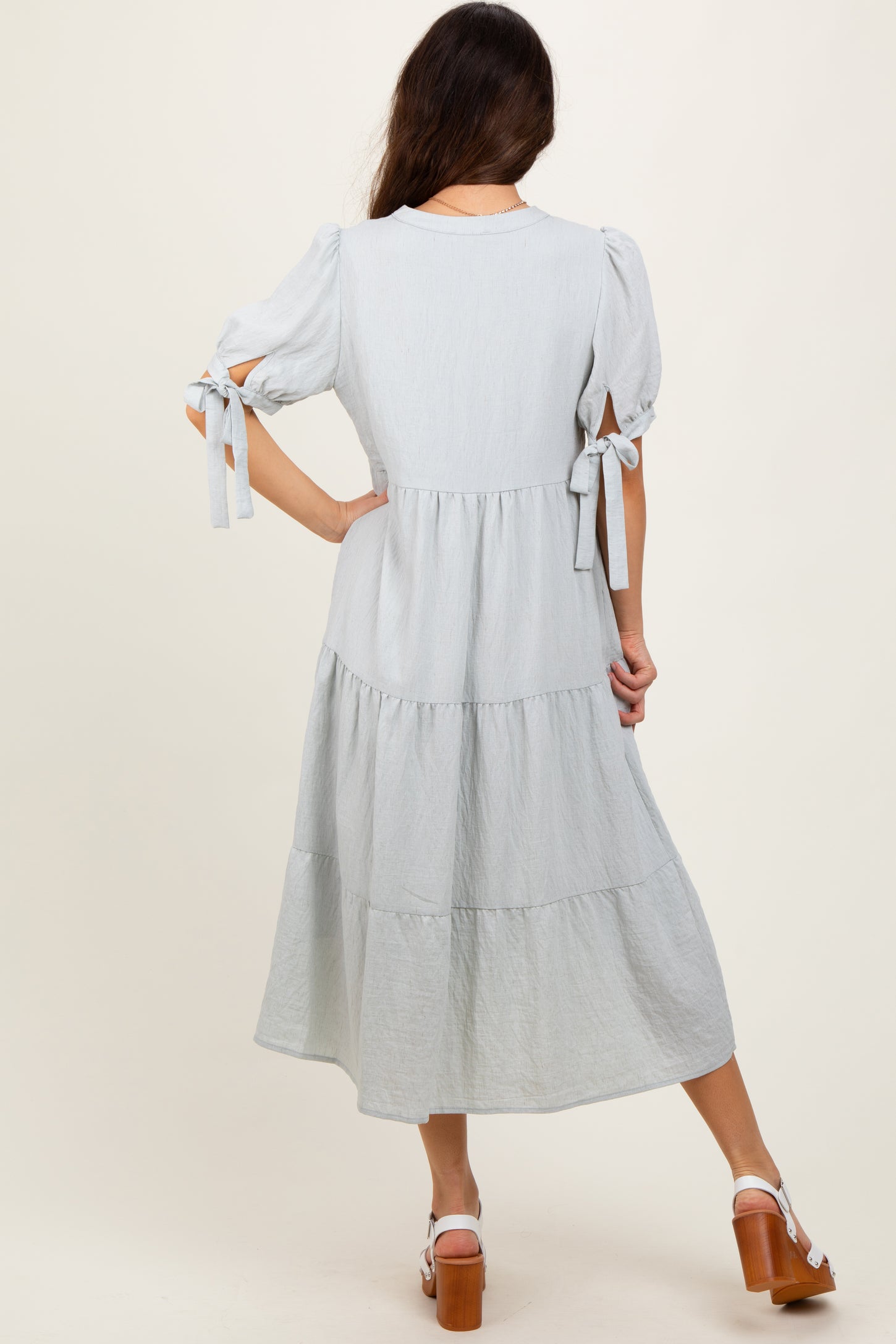 Light Blue Split V-Neck Sleeve Tie Tiered Midi Dress