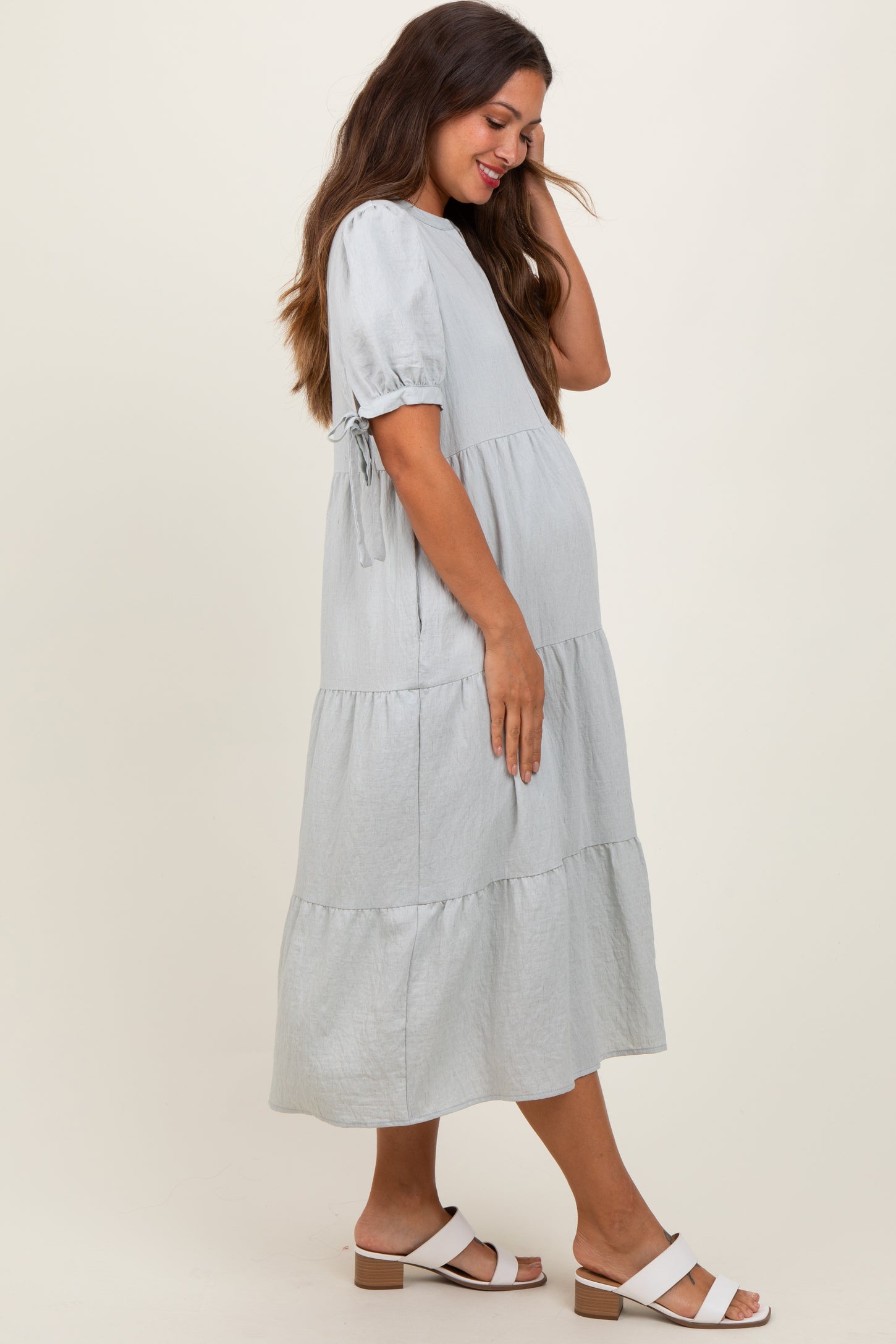 Light Blue Split V-Neck Sleeve Tie Tiered Maternity Midi Dress