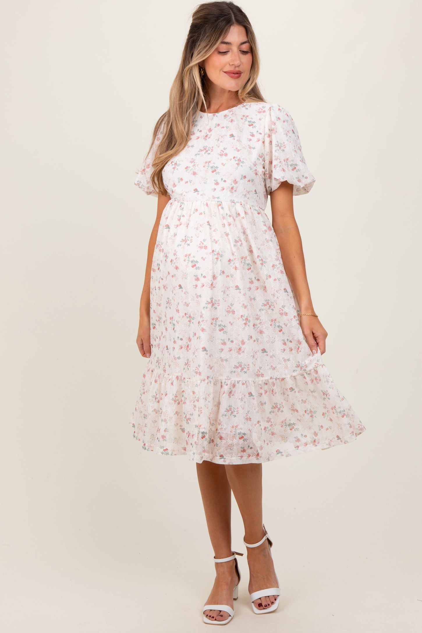 Ivory Floral Lace Ruffle Maternity Midi Dress