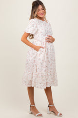 Ivory Floral Lace Ruffle Maternity Midi Dress