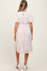 Ivory Floral Lace Ruffle Maternity Midi Dress