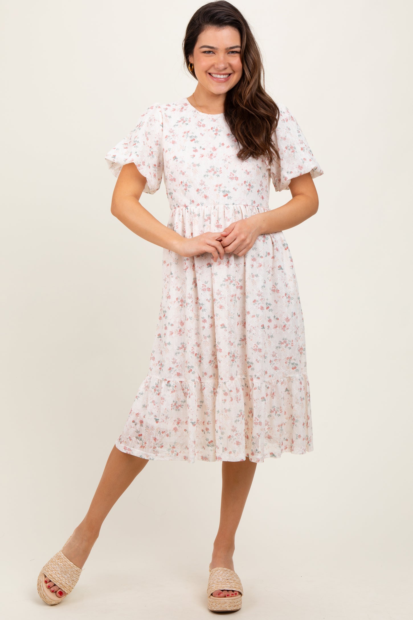 Ivory Floral Lace Ruffle Midi Dress